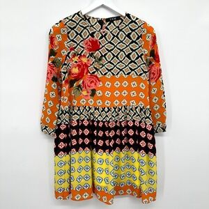 100%‎ Silk Dress Size Small 3/4 Sleeves Patchwork Boho Artsy Statement Festival